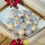 Vintage Round Beaded Flower Brooch 1.5" White Blue Gold Base Gift Box NWOT