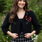 ALBERTO MAKALI Cropped Blazer S Jeweled Floral Fuzzy Jacket Black Red Green EXC