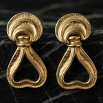 Vintage 80s Gold Tone Door Knocker Dangle Clip On Earrings 2" Textured Statement