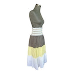 Banana Split Womens Color Block Tiered Midi Skirt Grey Yellow White Cotton M NWT