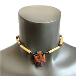 Wood Bead Necklace 15" Cross Pendant 1" Engraved Crystal Accents Natural Jewelry