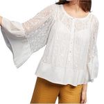 Anthropologie Akemi + Kin White Mesh Lace Star Embroidery Blouse M Bell Sleeve