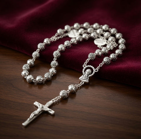 Vintage Italy Silvertone Rose Bead Rosary Basilica S. Maria Maggiore New