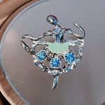 Vintage Silver Rhinestone Ballerina Brooch Pin 1.75"x1.5" Blue Ballet Dancer VG