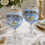 Vintage Bohemian Crystal Enameled Light Blue Wine Goblets Hand-Painted Floral VG