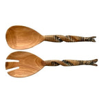 Set 2 Hand-Carved Zebra Wood Salad Serving Hands 11" Twisted Handle Tongs Set