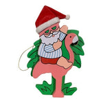 Rare Santa Claus on Pink Flamingo Wooden Christmas Tree Ornament Collectible
