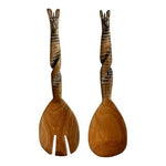 Set 2 Hand-Carved Zebra Wood Salad Serving Hands 11" Twisted Handle Tongs Set