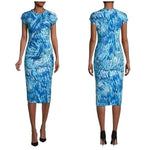 Boss Hugo Boss Etall Women's Blue Watercolor Print Ruched Midi Dress L NWOT