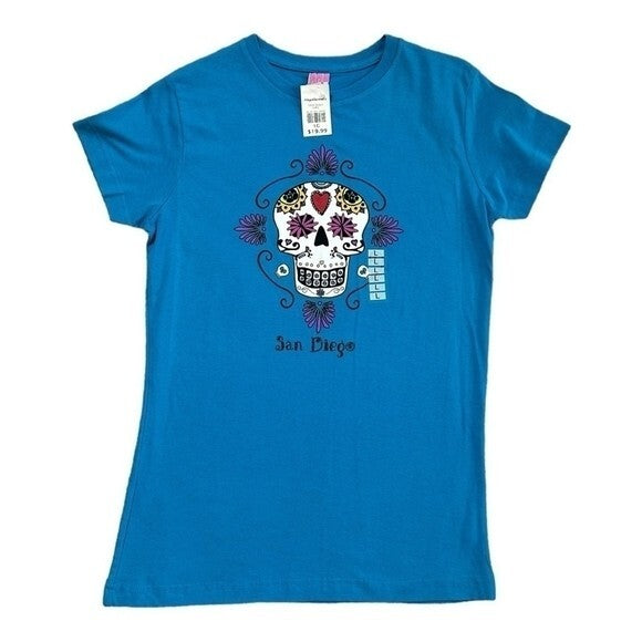 Girls Hazelwood Dana Skully Print T-Shirt Turquoise Cotton Tee Size L New
