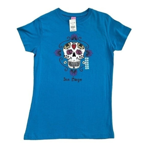 Girls Hazelwood Dana Skully Print T-Shirt Turquoise Cotton Tee Size L New