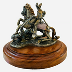 Vintage St. George Fighting the Dragon Bronze Statue Warrior Figurine Wood Base