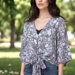 LOVESTITCH Womens Blouse M Grey Multicolor Floral Wrap Long Sleeve Knot Back VG