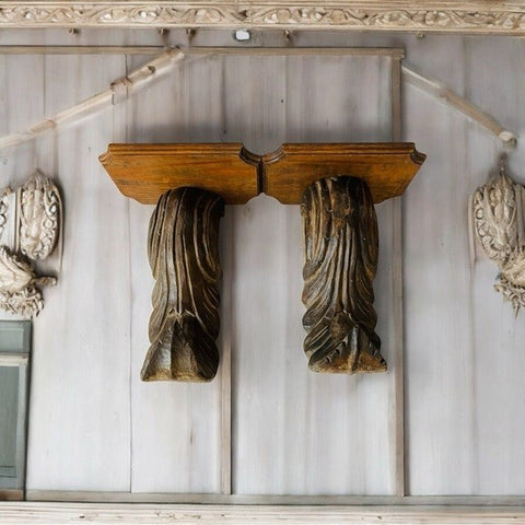 Vintage Pair 2 Drapery Sconce Rustic Brown Wood Candle Holders Wall Decor VG