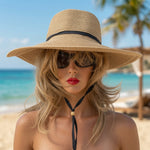 Smith & Hawken Wide Brim Straw Sun Hat Black Ribbon Chin Cord Natural Tan VG