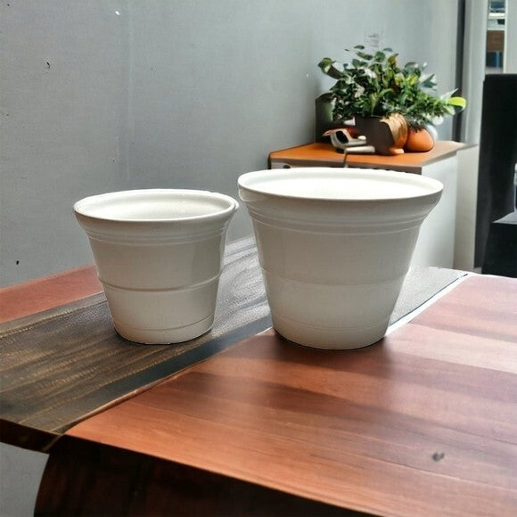 Modern White Ceramic Planters Set of 2 Horizontal Ribs 5" 4" Round Pots New