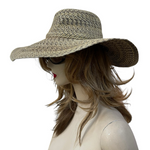 David & Young Wide Brim Floppy Sun Hat Paper Straw Mixed Tweed Natural Gray VG