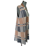 Women's 1775 Long Plaid Vest Cardigan Size M Open Front Sleeveless Tan Blue EXC