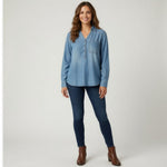 Massini Women's Light Blue Denim Tunic Shirt M Half Button Front Long Sleeve VG