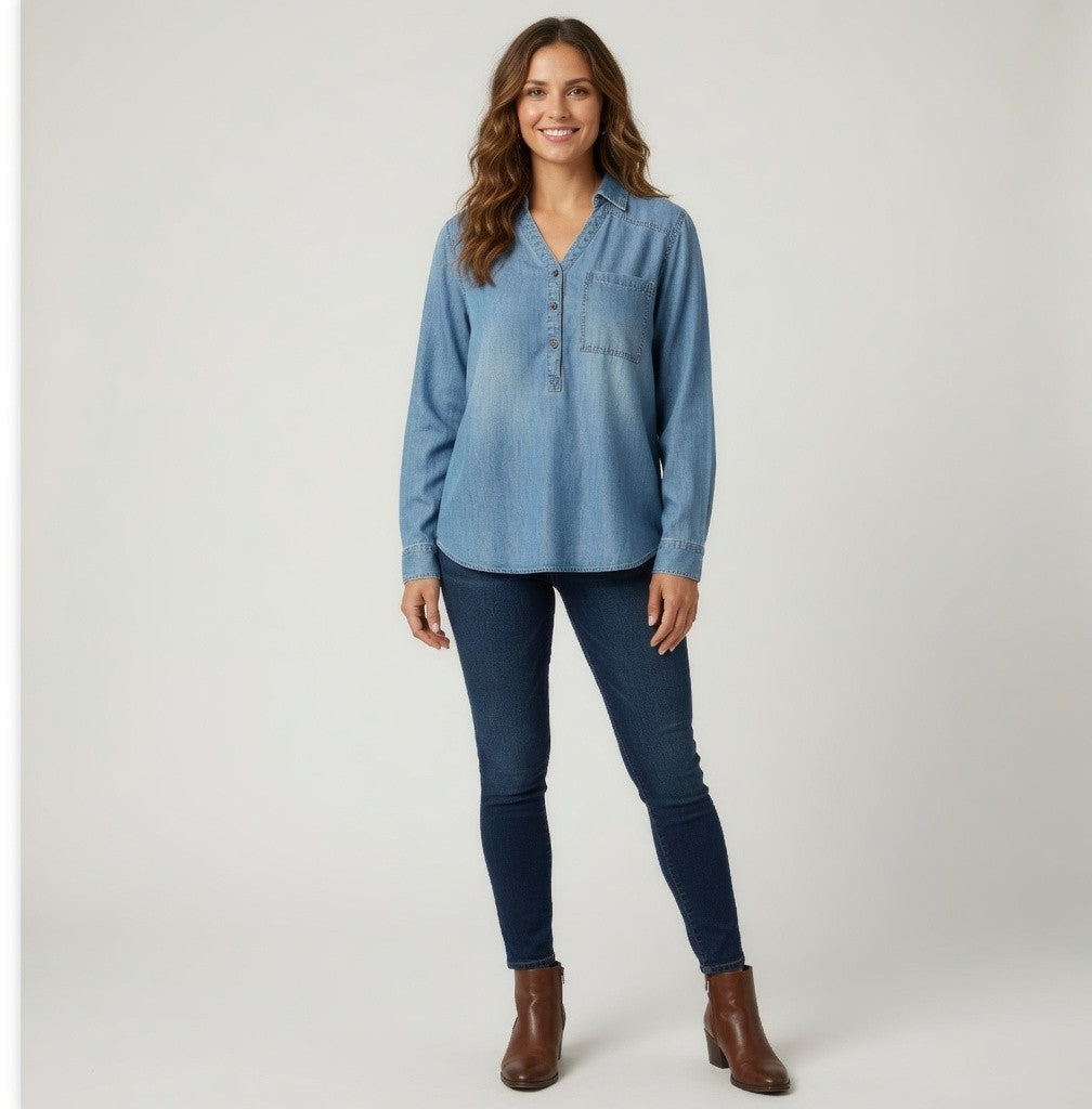 Massini Women's Light Blue Denim Tunic Shirt M Half Button Front Long Sleeve VG