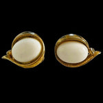 Vintage TRIFARI Oval Gold White Clip-On Earrings 1" Enamel Button Signed Good