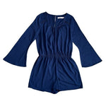 JUSTFAB Women's Navy Blue Bell Sleeve Romper Sz L Rayon Crewneck Button Back NWT