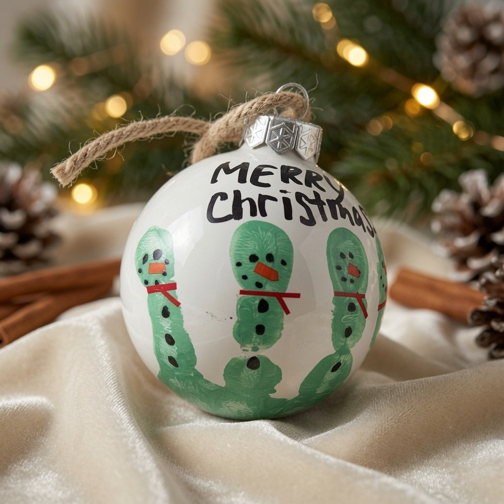 Hand Painted Footprint Snowman Glass Christmas Ornament 2014 Personalized VG