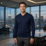 Saks Fifth Avenue Men's Navy Blue Wool V-Neck Pullover Sweater Size L VG