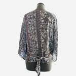 LOVESTITCH Womens Blouse M Grey Multicolor Floral Wrap Long Sleeve Knot Back VG