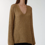 WHITE+WARREN Women's Gold Metallic Lurex Sweater Size M V-Neck Ribbed Pullover