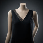 Vintage Jones NY Black V-Neck Ruffle Beaded Midi Ball Gown Dress Size 10 NWT