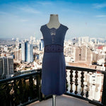 LOVE 21 Womens Navy Blue Lace Front Dress Sleeveless V Neck Sheath Midi Stretch