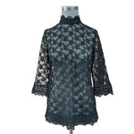 Marks & Spencer Black Lace Blouse Sheer Elegant Funnel Collar 3/4 Sleeve Size M