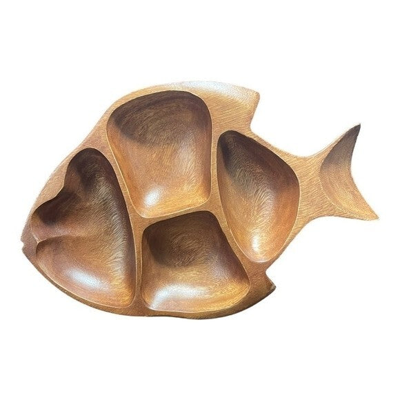 Large Fish Shaped Wood Salad Plate 4 Compartment Serving Tray 15"x10" Brown Exc