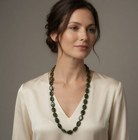 Vintage Inspired Dark Green Beaded Long Necklace 37" Very Good Condition