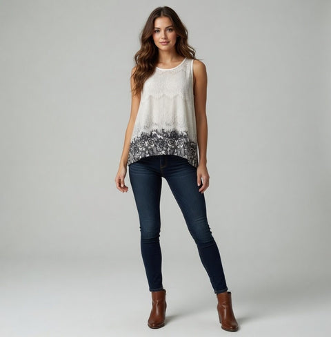 No Boundaries Women's Grey Off White Lace Sleeveless Tank Top XXL Sheer Floral