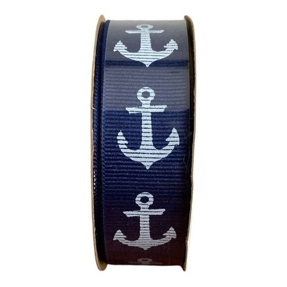 Offray Blue White Anchor Print Ribbon 3 Yards Maritime Nautical Grosgrain New