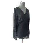 COLDWATER CREEK Womens Blouse L Black Chiffon V Neck Embellished Long Sleeve EXC
