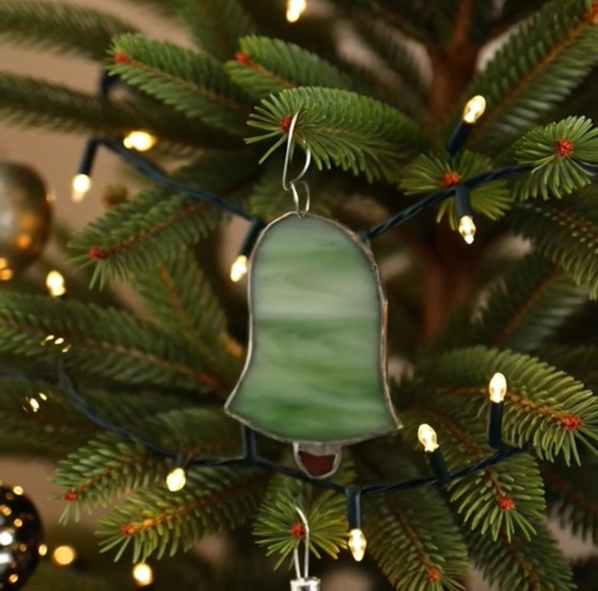 5" Antique Handmade Green Stained Glass Bell Silver Framed Ornament Suncatcher