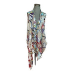 PASSIGATTI Italy Multicolor Abstract Print Fringe Scarf 76x28 Cotton Linen Mesh