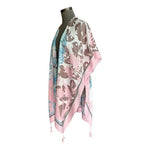 Womens Swimsuit Cover Up Blue Pink Floral Hawaiian Fringe Open Front Tunic OS VG