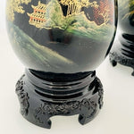 Flying Horse Antique Fuzhou Lacquered Wood Vases Pair Hand Painted 8”