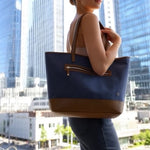 VESSEL Brown Blue Denim Canvas Leather Tote Bag Weekend Shoulder Zip Very Good