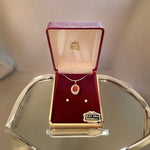 Vintage 14K Gold Plated Red White Crystal Necklace Earrings Set Oval Pendant NIB