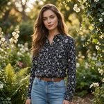 Croft & Barrow Black White Floral Print Blouse Roll Sleeve Sz M Chic VG