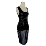 INTIMISSIMI Italy Black Satin Sequin Bodycon Midi Dress Small Medium Stretchy VG