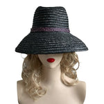 Vintage Black Purple Bow Wide Brim Sun Hat Woven Pleated Straw Beach Hat VG