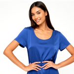 Quince Silk Blend Top Blue Short Sleeve Keyhole Back Womens S