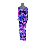 C&C Studio Royal Blue Pink Floral Print 100% Polyester Belted Zip Front Jumpsuit