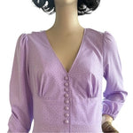 Lilac White Dot Fit Flare Maxi Dress L V-Neck Long Sleeve Prom Cocktail EXC